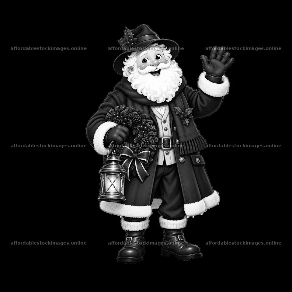 Santa Claus holding a lantern and wreath during Christmas season – stock images 7746x7746