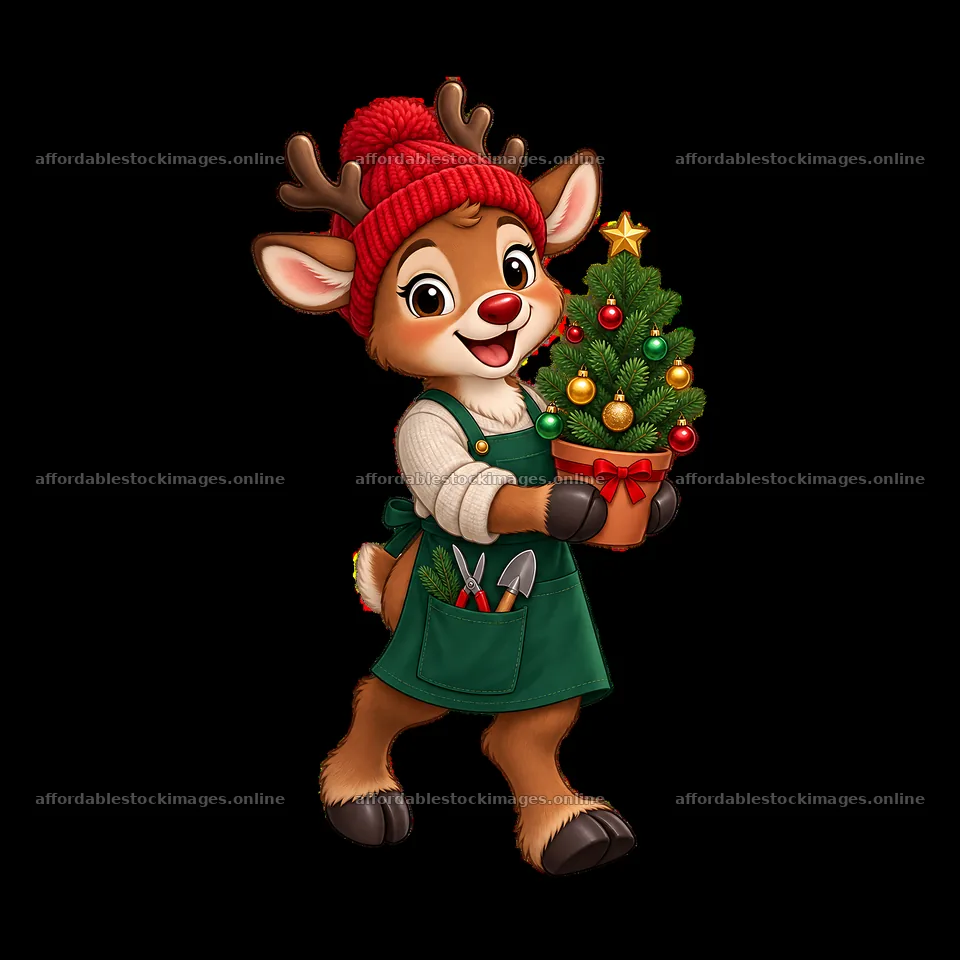 Reindeer in a green apron holding a small Christmas tree – stock images 7746x7746